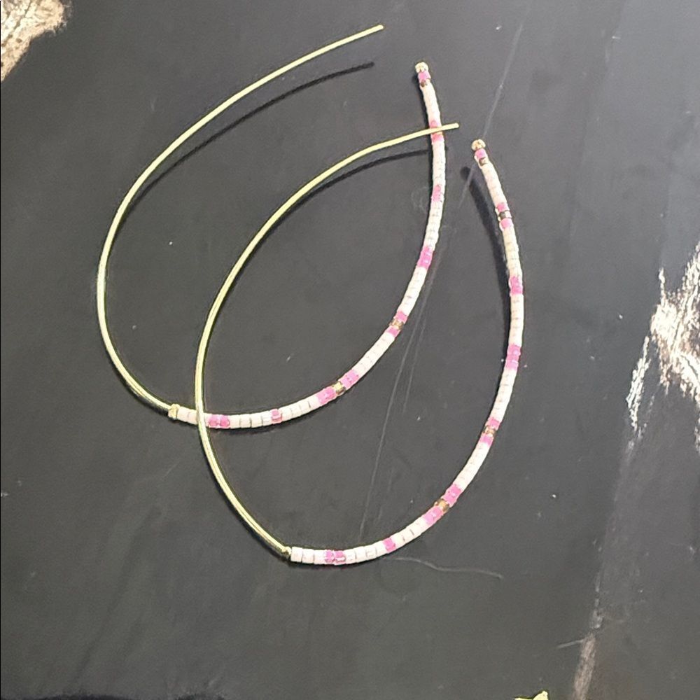 Gold and Pink Hoop Earrings Hand Beaded Light Pink Earrings - NEW